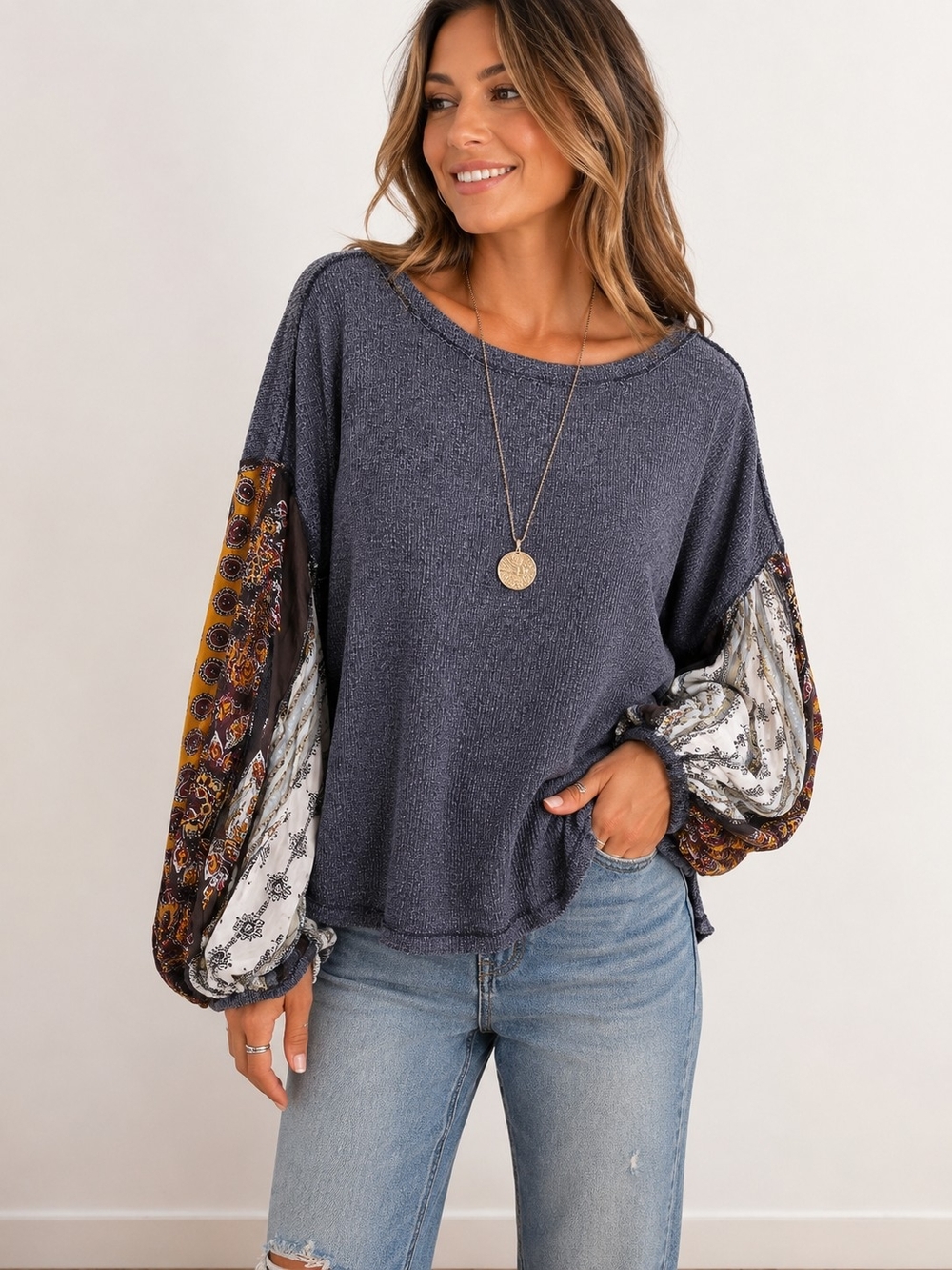 Free People We The Free Charcoal Oversized Distressed Top Boho Balloon Sleeves M